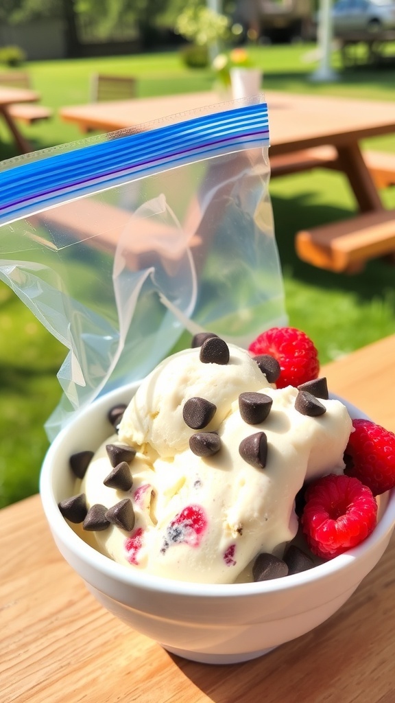A bowl of homemade ice cream with chocolate chips and berries, set on a picnic table.
